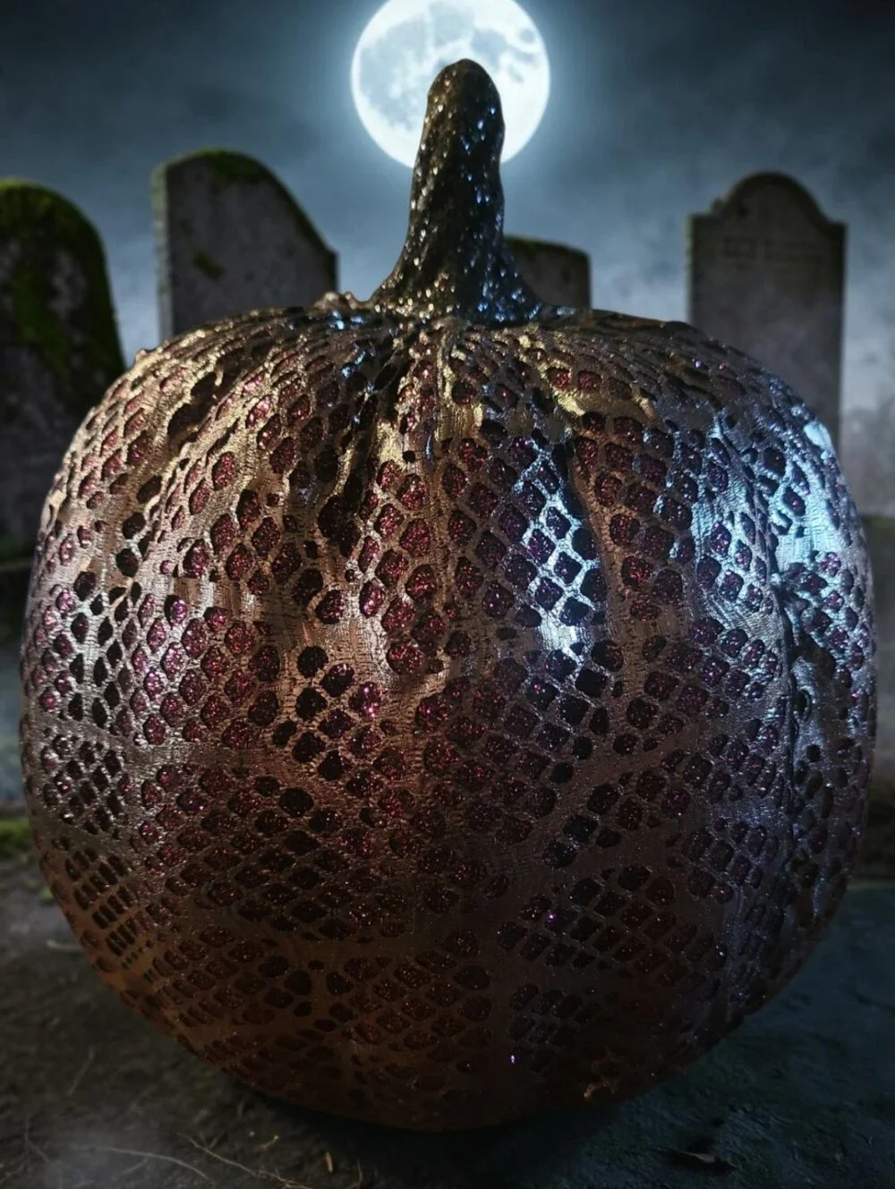 Halloween Decorative Textured Pumpkin - Metallic Black  Deep Purple Accents